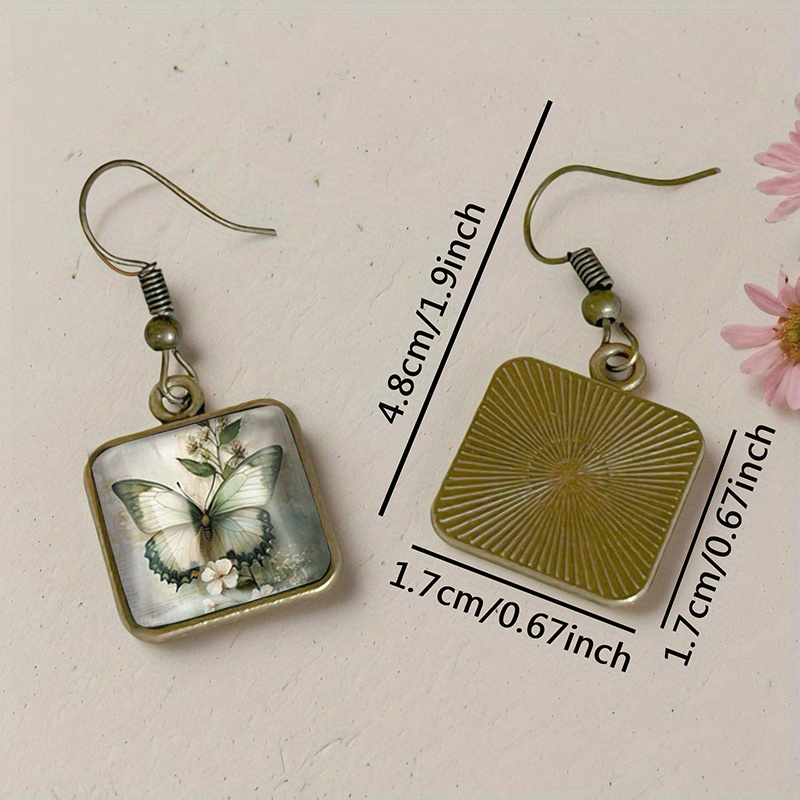 Vintage Square Earrings with Butterfly Oil Painting, Handmade